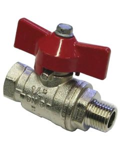 BALL VALVE + RED HANDLE 3/8"M x 3/8"F NICKEL PLATED